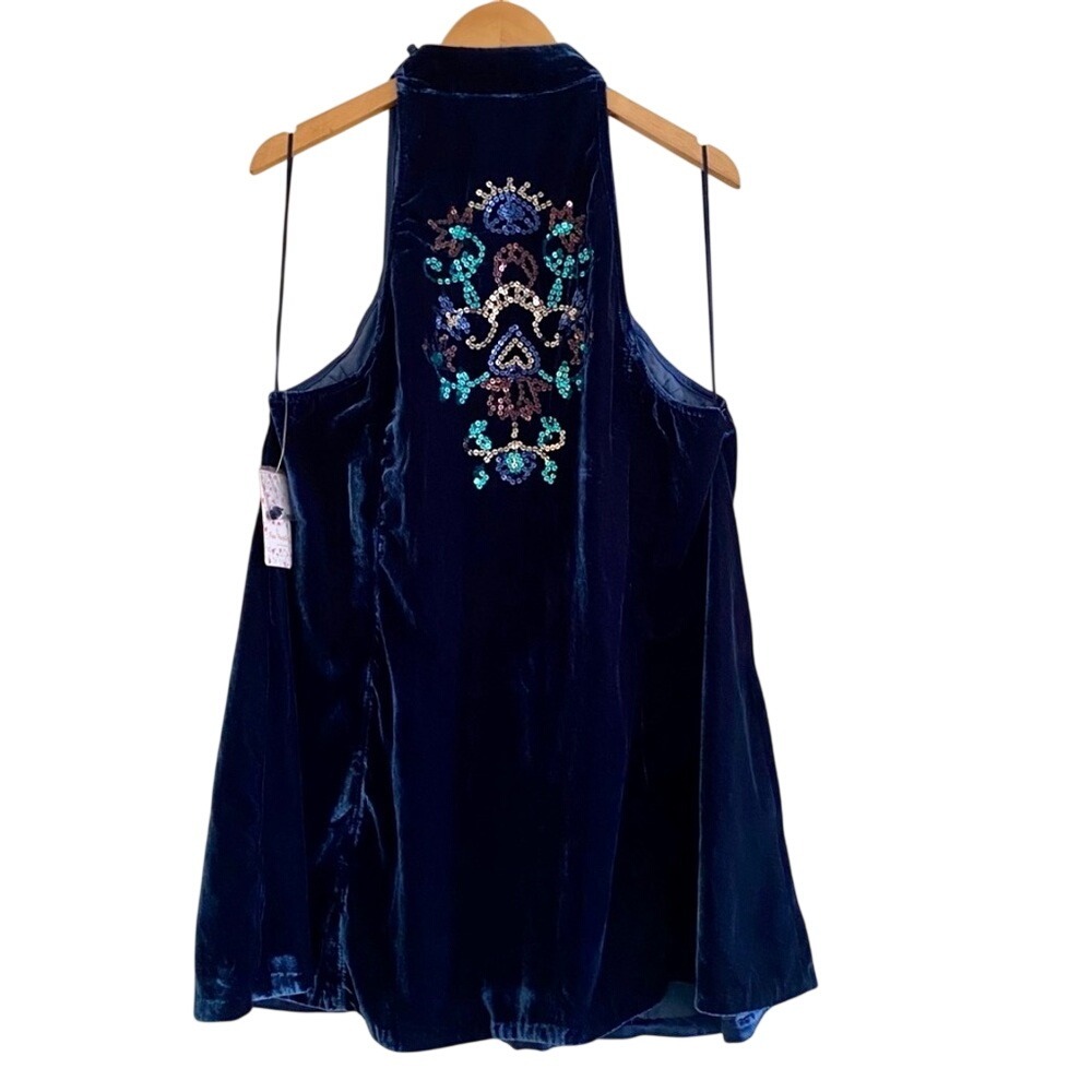 Free People Blue Velvet Sequin Boho Mock Neck Mini Dress Size S Whinsigoth - Picture 6 of 13